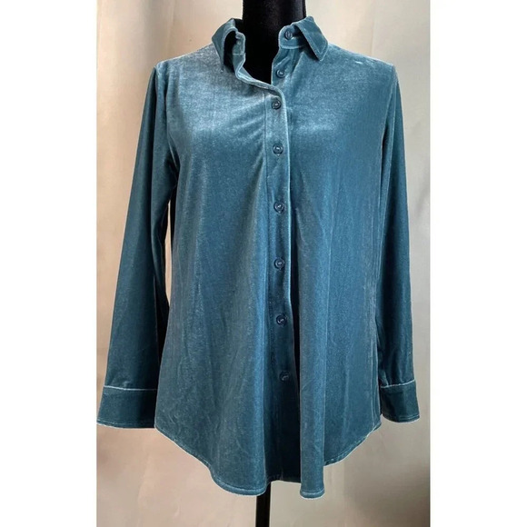 Soft Surroundings Teal Green Velvet‎ Boyfriend Top Button Up Long Sleeve PXS NEW - Picture 1 of 6